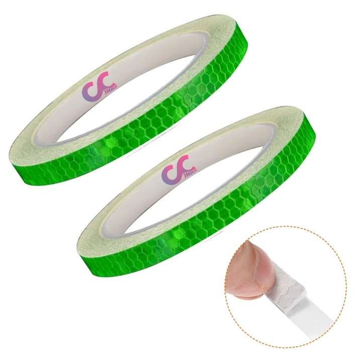 Set 2 x Banda Verde CCmax Lata de 1 cm Autoadeziva Reflectorizanta pentru Semnalizare si Vizibilitate Sporita in Trafic, Tuning Masina, Motocicleta, Bicicleta, Trotineta Electrica, Model Hexagonal, lungime 8 m