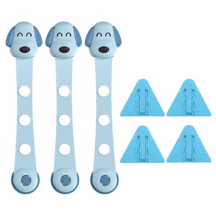 7 darabos komplett készlet, gyermekbiztonság érdekében, Fiókzárak, Hűtőszekrény, Fagyasztó, tolóajtó és ablakzárak, aranyos kiskutya, kék