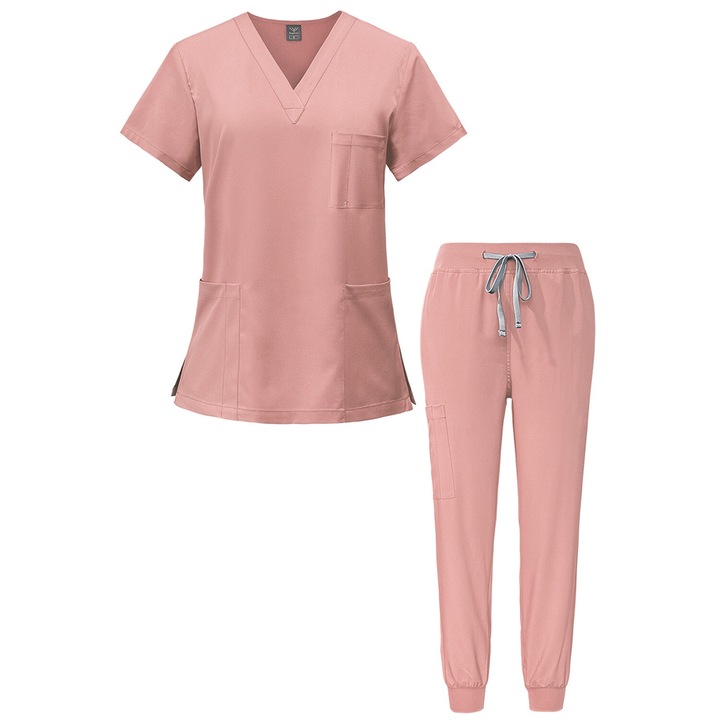 Costum Medical, Hggzeg, Salopeta de Lucru, M, Unisex, Pentru inaltime 165-170 cm, Cu 6 buzunare si cordon, Talie elastica, Design cu decolteu in V, Confortabil si respirabil, Pentru spitale, clinici dentare, Poliester/Spandex, Roz
