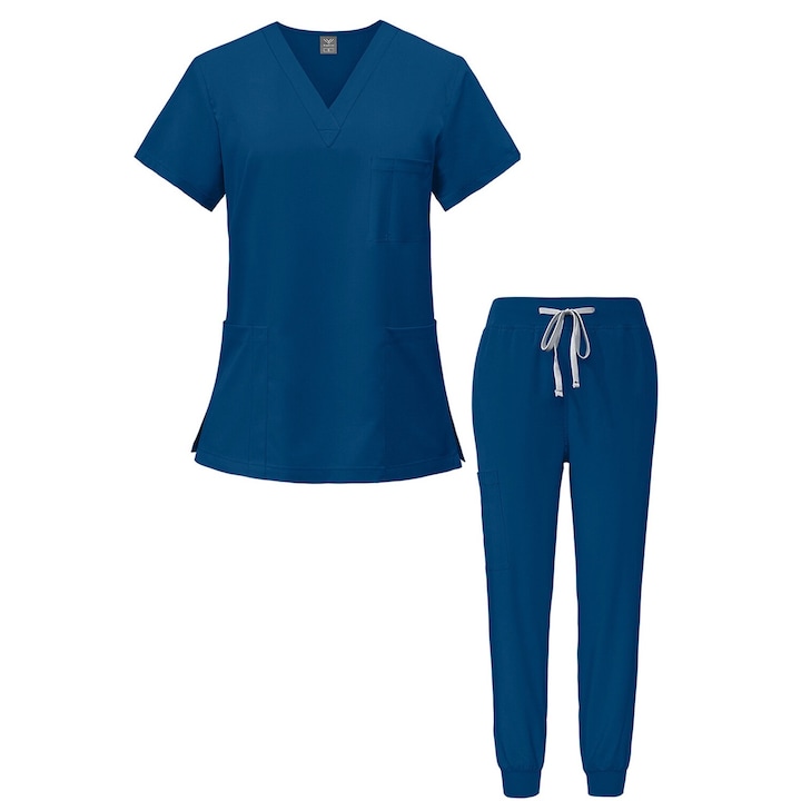 Costum Medical, Hggzeg, Salopeta de Lucru, M, Unisex, Pentru inaltime 165-170 cm, Cu 6 buzunare si cordon, Talie elastica, Design cu decolteu in V, Confortabil si respirabil, Pentru spitale, clinici dentare, Poliester/Spandex, Albastru