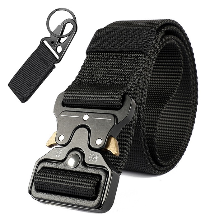 Centura tactica ajustabila pentru exterior, Hggzeg, Catarama metalica, 120cm, Cu suport pentru inel de chei, Eliberare rapida, Antioxidare, Rezistenta la uzura, Se potriveste pentru barbati femei, Poliester, Negru