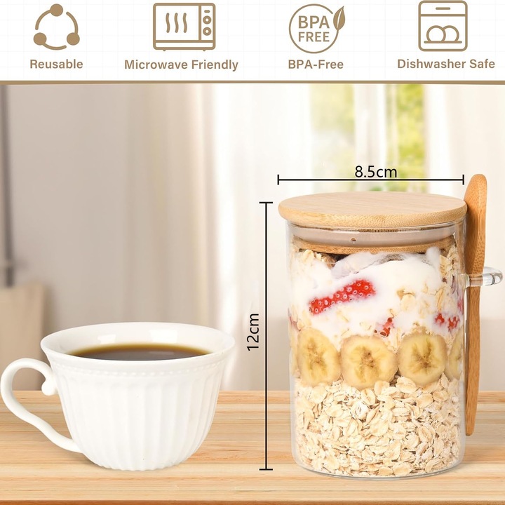 Set 4 Recipiente Depozitare Alimente, Hggzeg, 650ml, Etans, Cu capac bambus si lingurita bambus, Etichete, Sunt usor de spalat si durabile, Pentru bomboane, fasole, fructe uscate, cereale, Sticla, 8.5x12cm, Transparent
