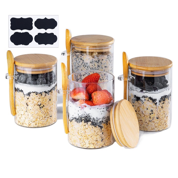 Set 4 Recipiente Depozitare Alimente, Hggzeg, 650ml, Etans, Cu capac bambus si lingurita bambus, Etichete, Sunt usor de spalat si durabile, Pentru bomboane, fasole, fructe uscate, cereale, Sticla, 8.5x12cm, Transparent