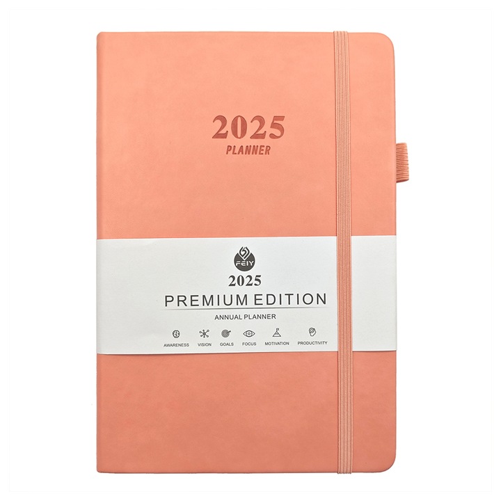 Agenda 2025, Enforose, coperta din piele, hartie groasa 100gsm, 21.5x14.5cm, culori: negru, portocaliu, roz