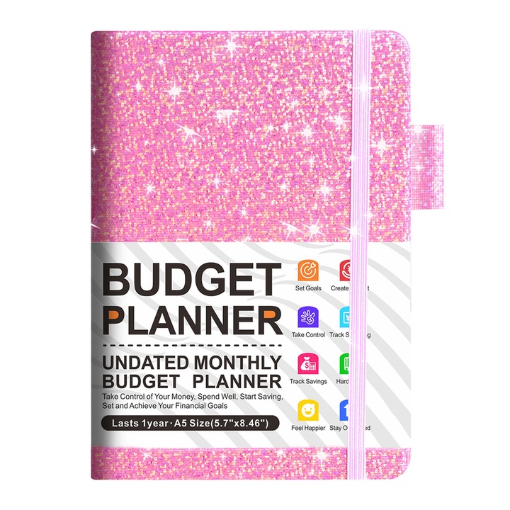 Agenda A5 Enforose, planificator bugetar, coperta din piele artificiala, 21x14.5cm, albastru, set cu autocolante