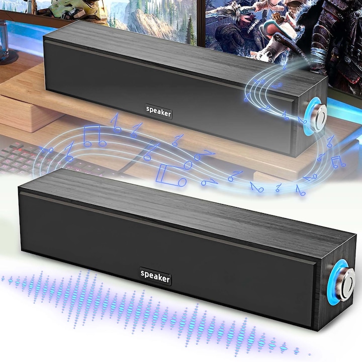 Soundbar gaming, Bluetooth 5.0, 6W, USB, Jack 3.5mm, model de lemn, Negru