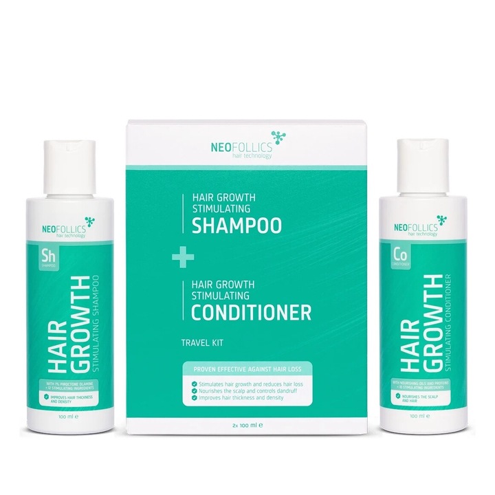 Kit de calatorie pentru stimularea cresterii parului Neofollics Sampon + Balsam 2x100ml