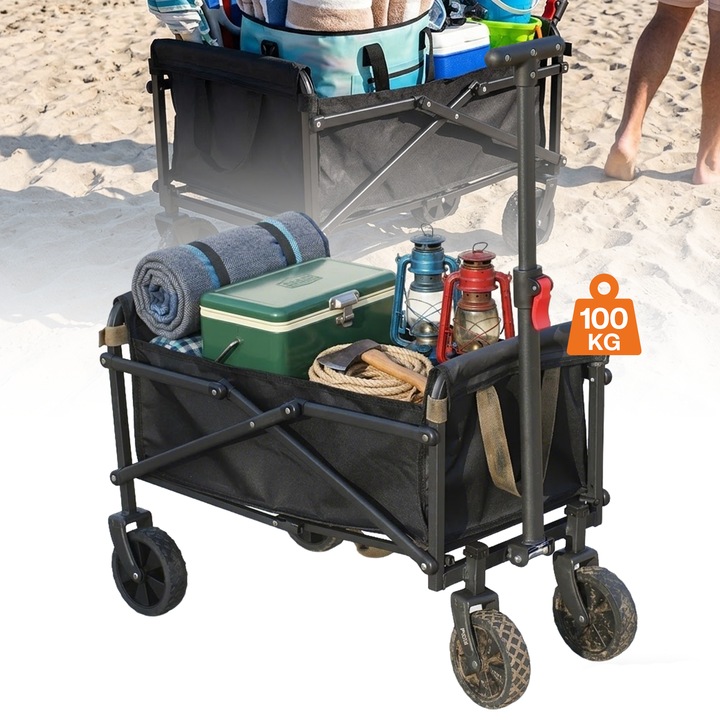 Carucior Pliabil de Gradina, Maxim 50 Kg, Maner Extensibil, Pliabil, Lavabil, Cadru Metalic, Roti Cauciucate, Negru