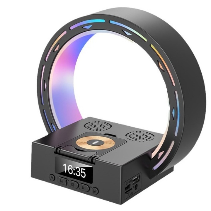 Smart LED MILARIS lámpa, Vezeték nélküli töltés 15W, Bluetooth hangszóró, 3D hangeffektusok, Ébresztőóra, Kompatibilis USB meghajtókkal és TF kártyával, állítható világítás, Fekete