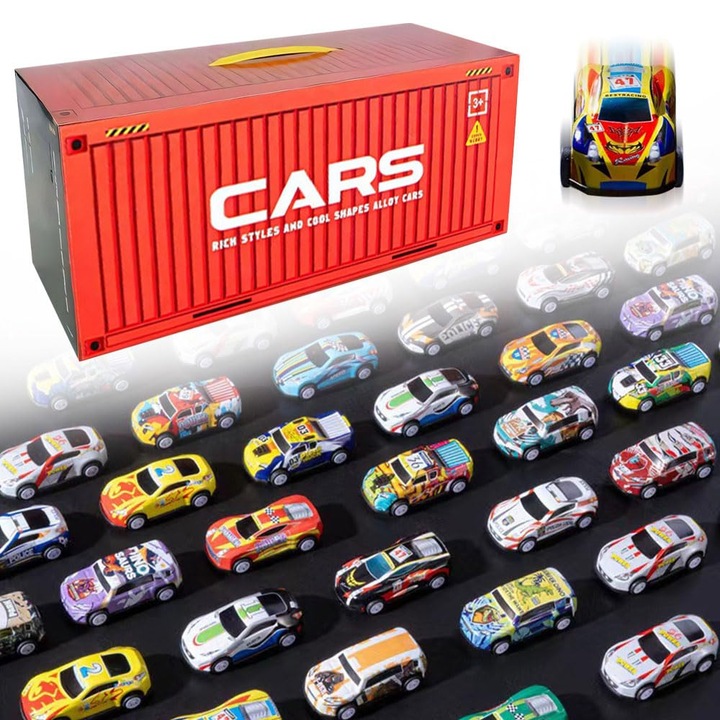 Set de 48 bucati de jucarii cu masini de tragere pentru copii, mini masini in vrac, set de masini de jucarie mici, cu garaj si pista, mini masini de curse pentru baieti, favoruri de petrecere, jucarii pentru copii, WALALLA, rosu