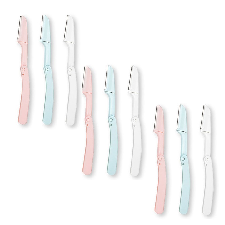 9 db-os borotvakészlet az archoz, Sharp Blade-vel a szemöldök és az arcszőrzet befejezéséhez, összecsukható, tároló- és szállítódoboz, pasztell színek, Pristyle®
