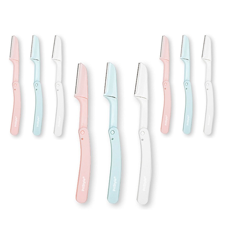 Set 9 brici pentru fata, pentru finisare sprancene si par facial, Lama Ascutita, Pliabile, Culori Pastel, Pristyle®