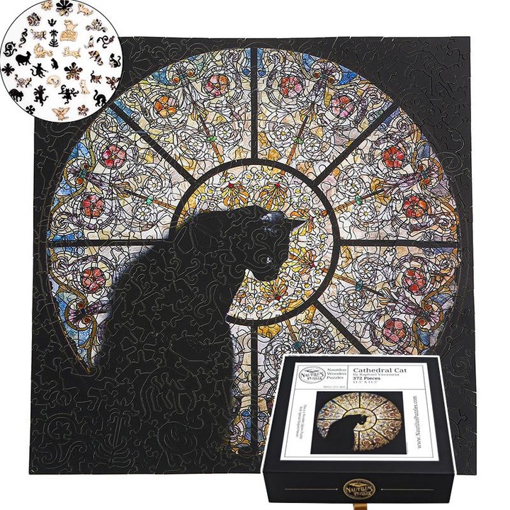Дървен пъзел Cathedral Cat, 372 части, 30x30 см, елегантен подаръчен комплект за любителите на котките и архитектурата