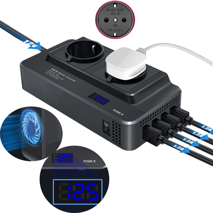 Invertor de Tensiune Auto Portabil, Fudisenn®, 12/24V, 220V, 200W, 2 prize EU, 4 porturi USB, 2 porturi Type-C, negru, 22x16x6cm