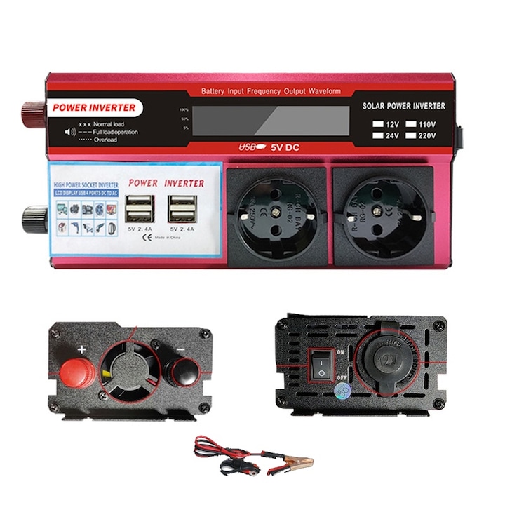 Inverter 1000W módosított hullám, Fudisenn, 12V és 24 V - 220V, hűtő, lakókocsi, lakóautó, ház, nyaraló, autó, kamion, módosított szinuszos, napelemes akkumulátor, piros