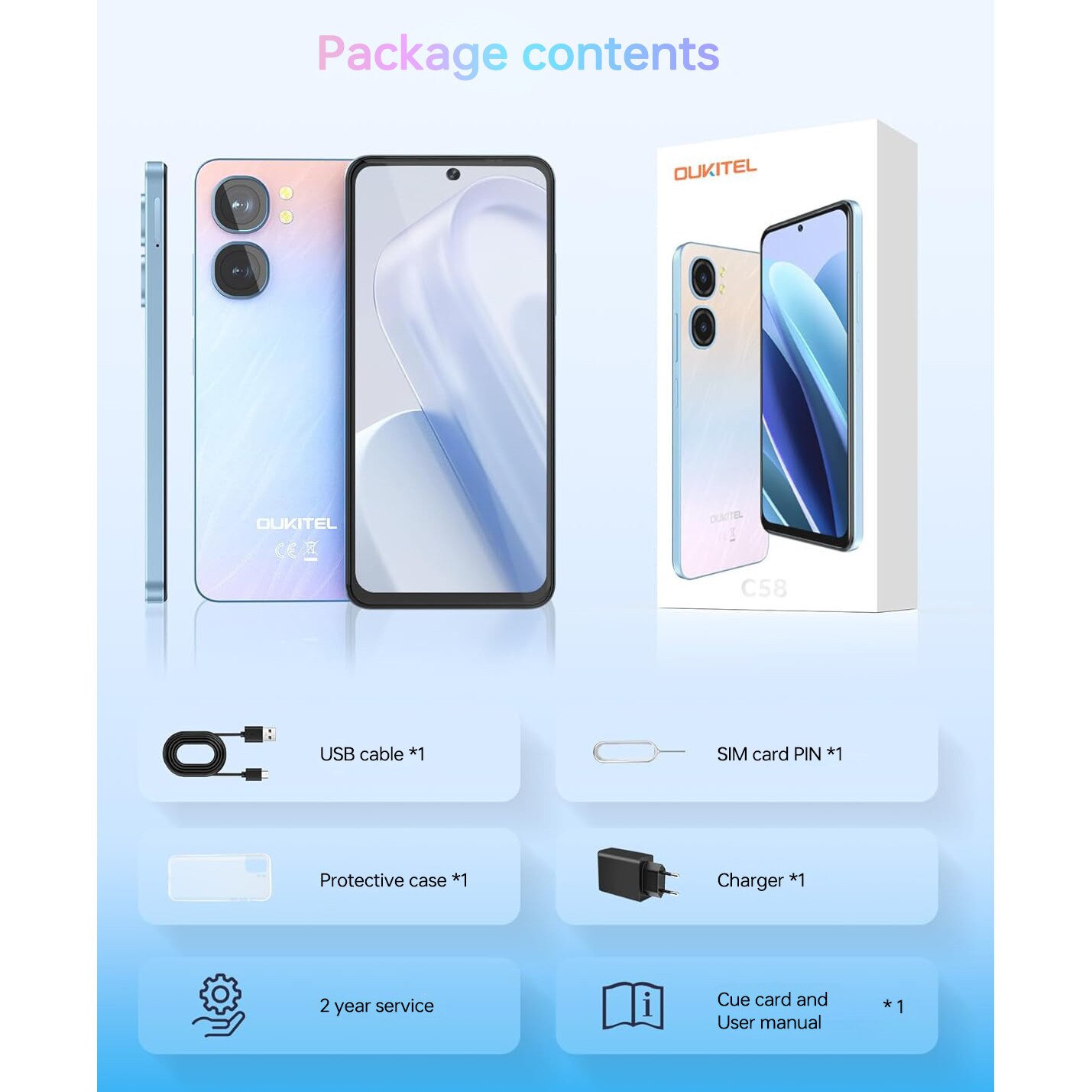 Smartphone OUKITEL C58, 16GB RAM + 128GB ROM, Android 14, 6.67
