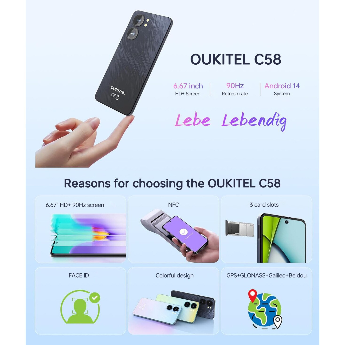 Smartphone Oukitel C58, 16GB RAM virtual, 128GB, Android 14, 6.67