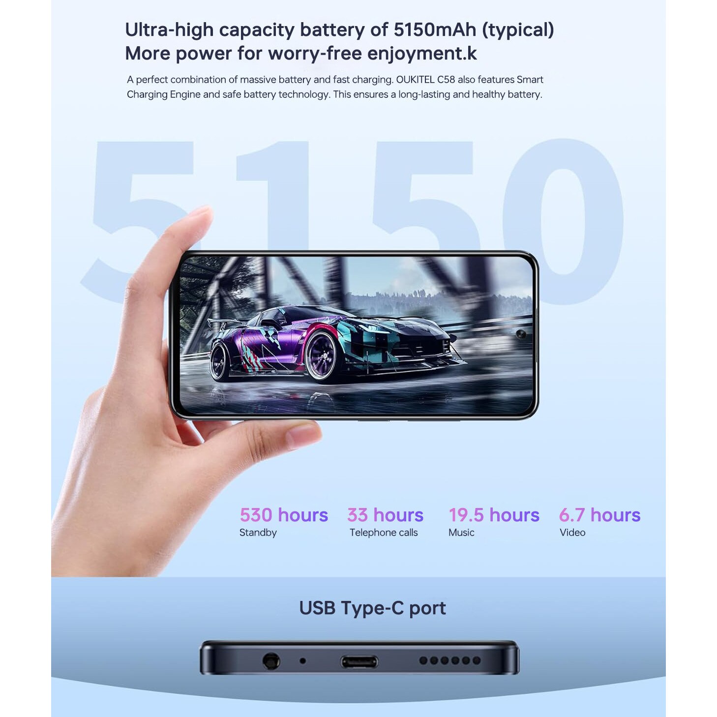 Smartphone Oukitel C58, 16GB RAM virtual, 128GB, Android 14, 6.67