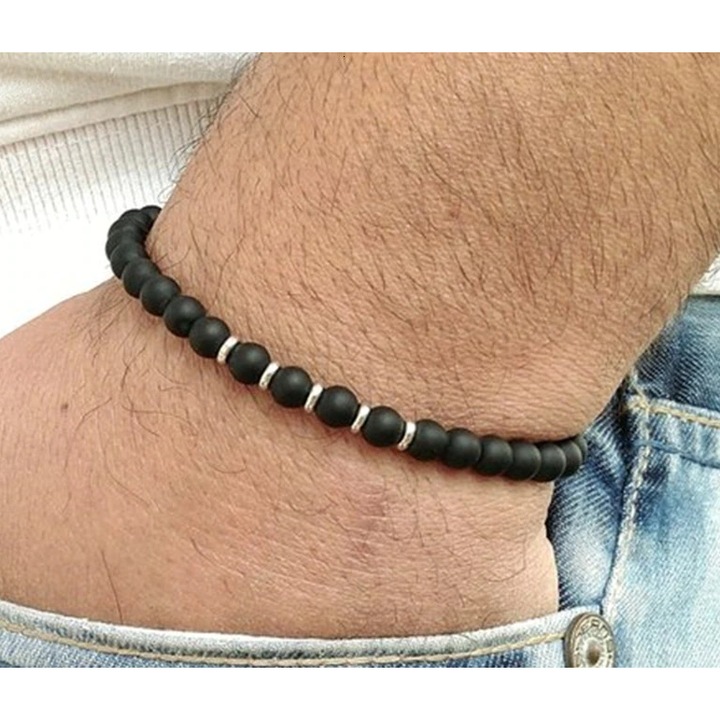 Bratara cu Margele pentru Barbati, Inele Metalice, Negru