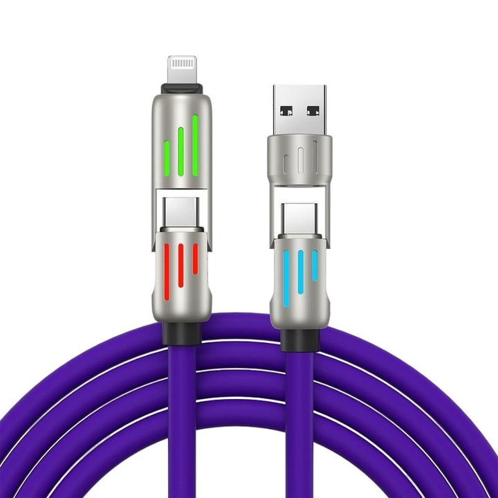 Cablu de date, 240W, tip C, USB-A, Lightning, violet, 1m