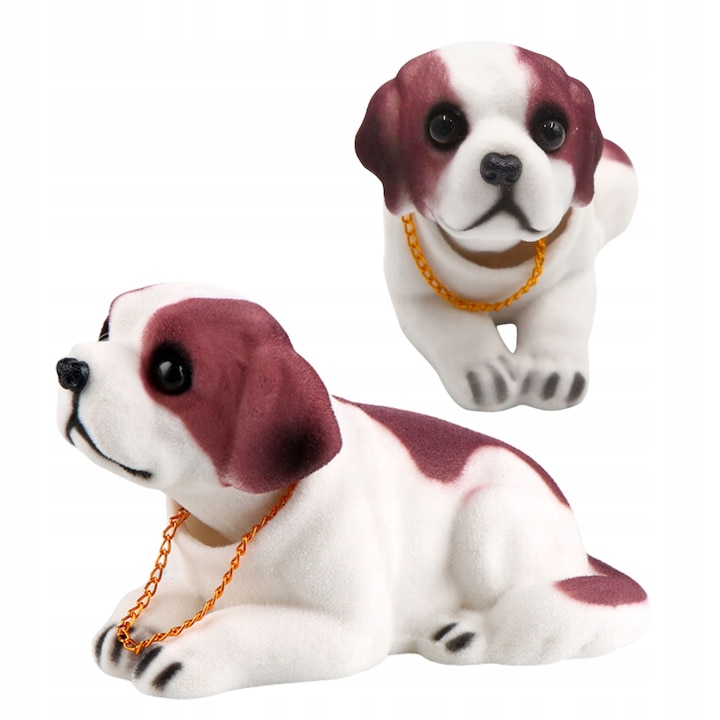 Figurina Caine Pentru Masina, 10x7.5x15.5 cm, Material Plastic Acoperit Cu Catifea, Culoare Alba Si Maro, Lantisor Auriu, Mecanism Cap Balansant, Montat Pe Carlig, Multicolor