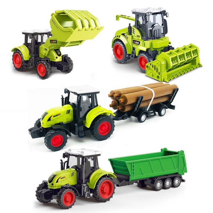 Set de 4 Masini de Ferma Jucarie，Tractor, Combina, Transportor de Lemn, Incarcator，pentru Copii de 3-8 Ani, Verde