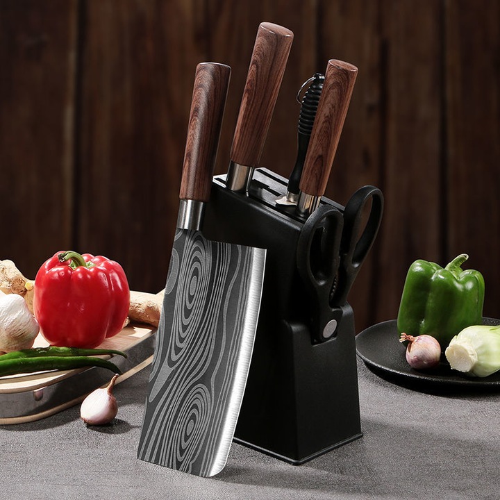 Set de Cutite Profesionale de Bucatarie din Otel Damasc, maner Maro