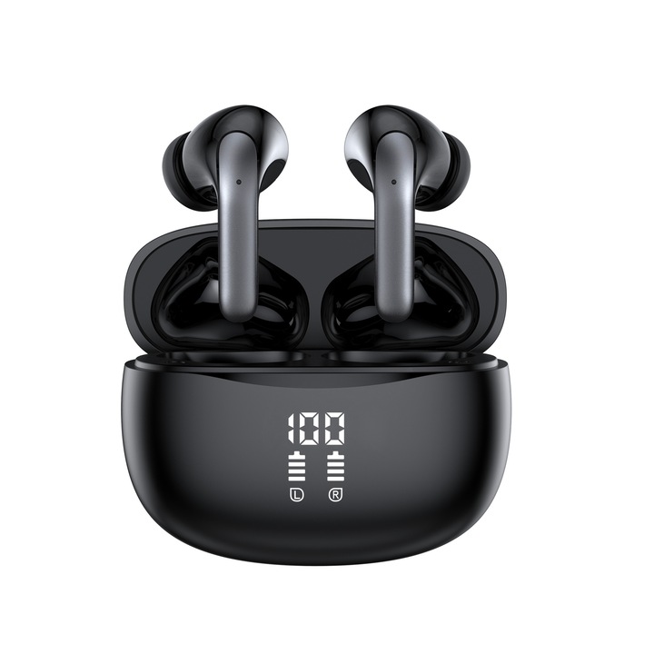 Casti fara fir cu anulare a zgomotului, Urbanyx, Bluetooth 5.3, wireless, in-ear, audio de inalta fidelitate, bas puternic, microfoane duale, hands-free, sport, universal, pentru telefoane mobile, afisaj LED, negru