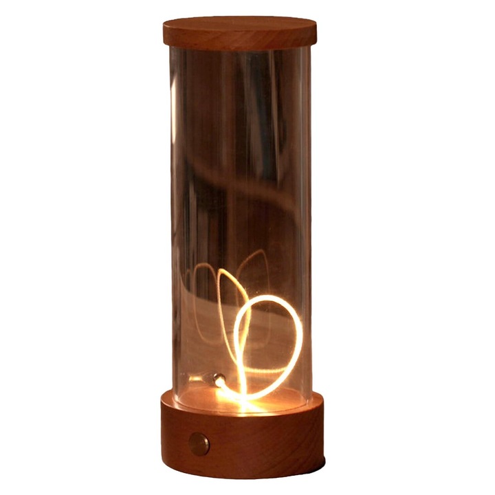 Mini LED asztali lámpa, 70x70x190mm, tömör fa és akril, újratölthető, hordozható készlet