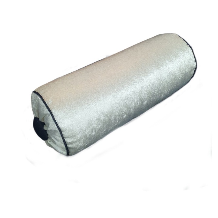 Perna decorativa cilindrica, alba, 15x40cm, cu flori in relief si detalii negre