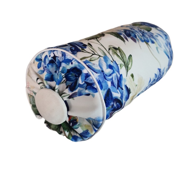 Perna decorativa, velur alb cu flori albastre, 15x40cm