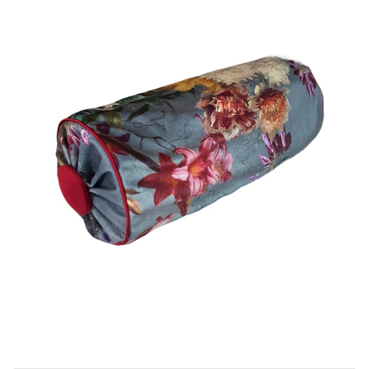 Perna decorativa, velur, flori pe fundal gri-albastru, 15x40cm