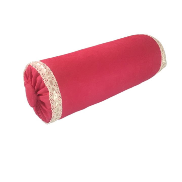 Perna decorativa cilindrica, vintage, roz, 15x40cm, cu detalii din dantela