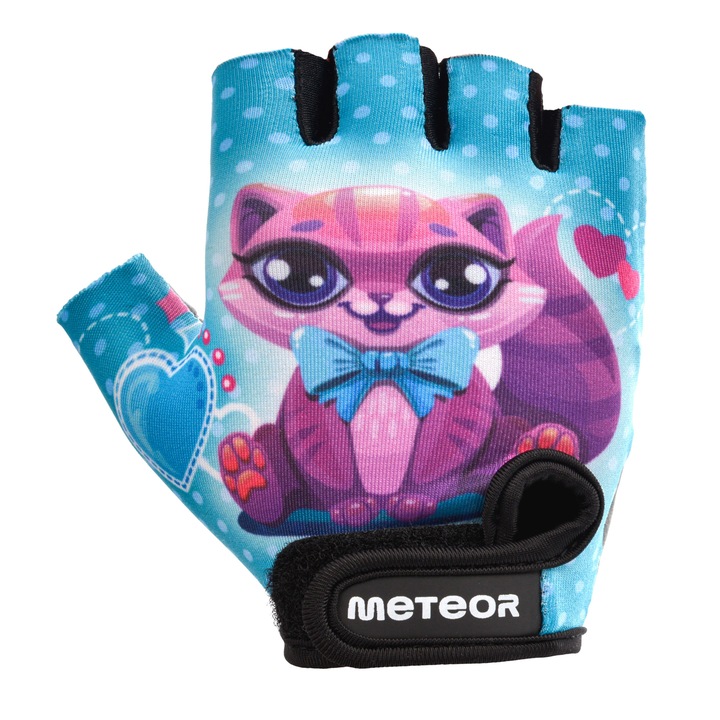 Manusi pentru ciclism, Meteor, Kids Kitty, pentru copii, pentru ciclism, din eco-piele, cu insertii din spuma, M, Multicolor, Design Kids Kitty, Spuma Amortizoare, Piele Ecologica, Marime M, Confort Superior