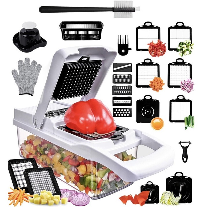 Зеленчукорезачка, 26 в 1, с контейнер, 13 остриета от неръждаема стомана, черно/бяло