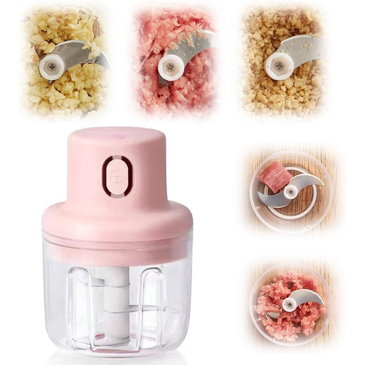 Elektromos aprító, 30 W, 250 ml, rozsdamentes acél pengék, USB töltés, rózsaszín