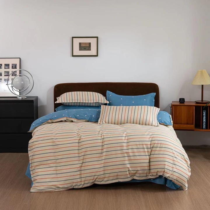 Комплект спално бельо Nonsuch Cotton от 3 части, дизайн на райе за 2 души, оранжево/синьо