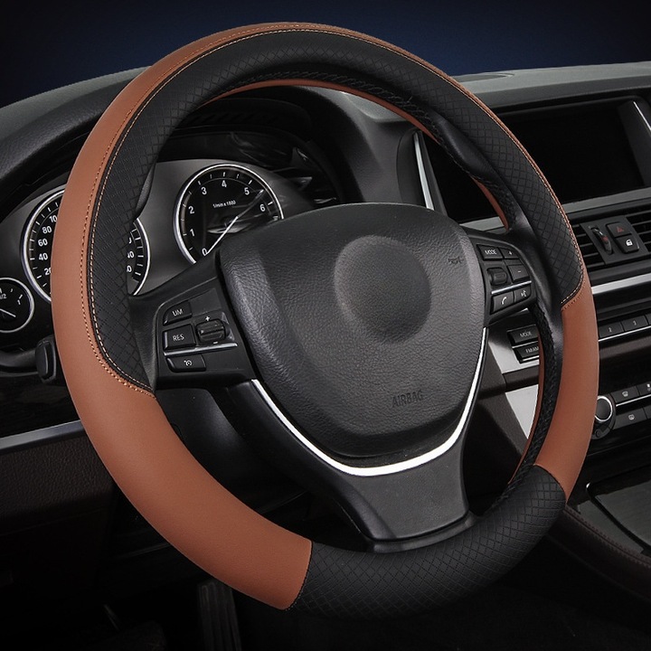 Husa volan, Piele ecologica, 38cm, Maro/Negru