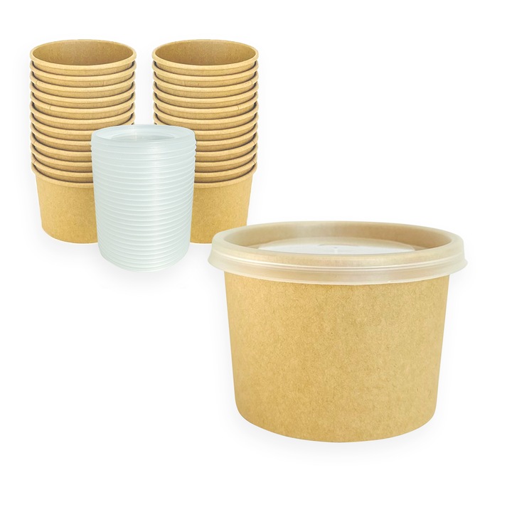 Set 50 bucati Kubek kraft 350ml cu capac 96mm, pentru mancaruri calde si reci, dimensiuni 95x80x78mm