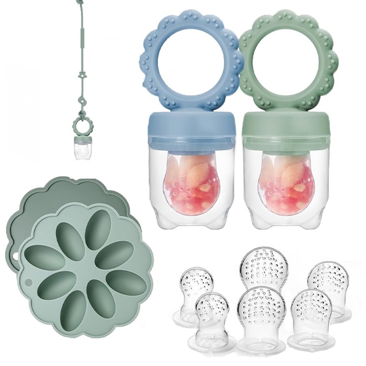 Комплект от 2 залъгалки за плодове и зеленчуци, Rqiurpn, с 6 сменяеми глави, включена тава за сладолед, верига за залъгалки, без BPA, силикон, многоцветен