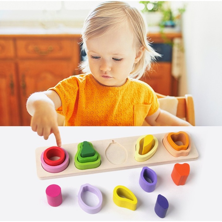Jucarie Montessori din Lemn, Tip Puzzle, cu 5 Forme Asimetrice, 15 Piese, Model Fructe, Materiale Non Toxice