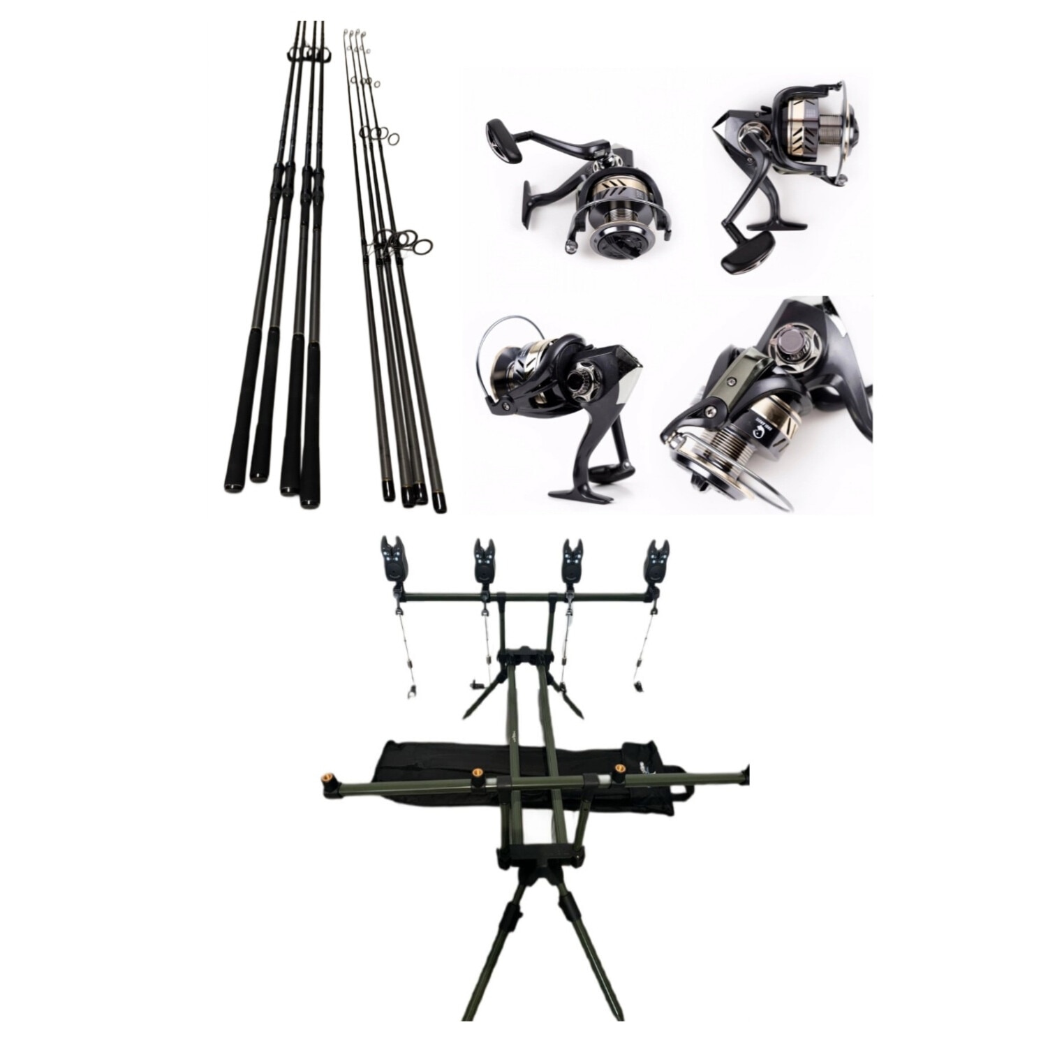 Set Pescuit, 4 Lansete Komodo Carp 3, 60m, 3 Segm+4 Mulinete G65+