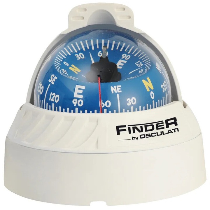 Compass Finder 2 5/8", Повърхностен монтаж, Синьо и бяло LED осветление 12V, Диаметър на розетката 67 mm, Бяло тяло, Синя Розетка, Плосък монтаж, Без компенсатор, Максимален наклон 30°
