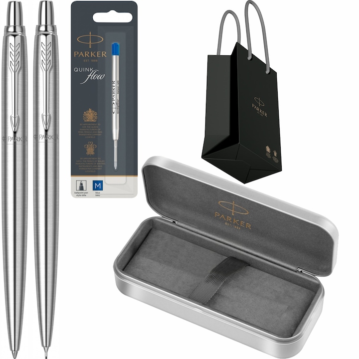 Set Parker Pix si Creion Mecanic Jotter Royal Stainless Steel CT cu gravura laser inclusa, rezerva pix Jumbo Quink Flow albastra, in cutie de metal si punga
