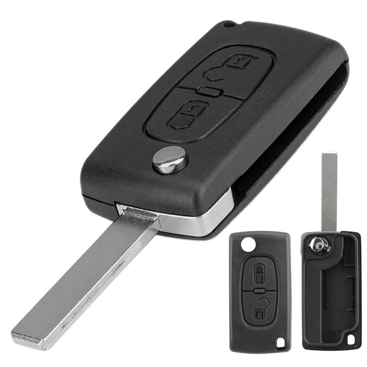 Autó kulcstartó Peugeot Expert 207 307 308 3008 5008 807 Citroen C2 C8 C3 2 gombos CE0523 HU83 Flip Blade Fekete
