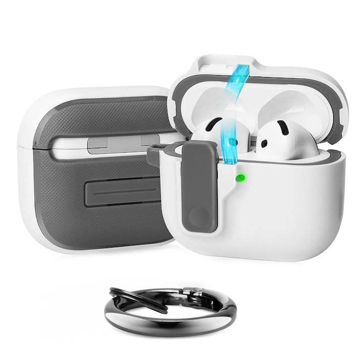 Husa pentru Apple AirPods 4, Axroad Mall, Husa protectie casti cu magnetica a capacului si Breloc, Rezistenta la socuri si anti-zgarieturi, Accepta incarcarea fara fir, Plastic, Alb