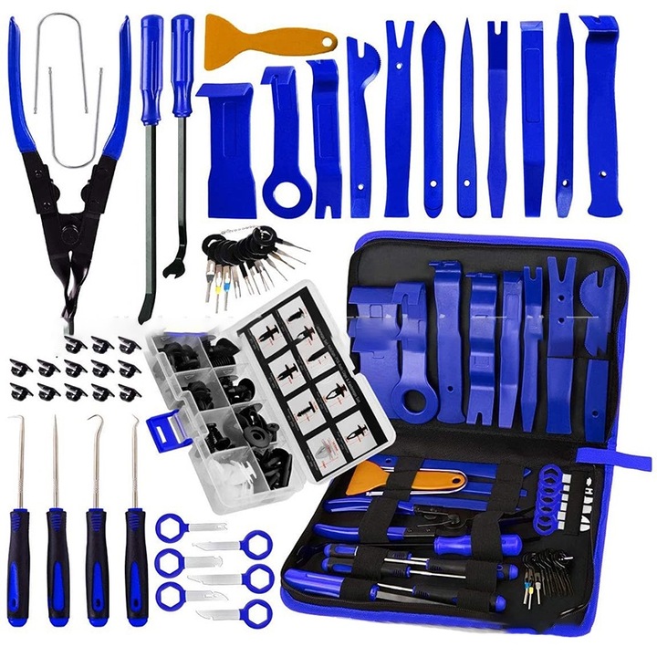 Set 88 piese demontare interior auto, Fudisenn, Design ergonomic, Cu sac de depozitare, Robust si durabil, Depozitare usoara, Rezistent la coroziune, Pentru usi, bord, audio, PP/Metal, Albastru，32*23*4.5cm