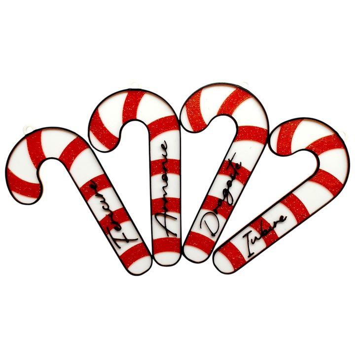 Set cu 4 Decoratiuni pentru Brad sau Perete cu tematica de Craciun, forme de candy cane, avand cuvintele "Armonie, Fericire, Dragoste, Iubire", rosu glitter, alb si negru, aspect minimalist, font inedit, din bioplasic premium PLA, 4 buc de 100x50 mm