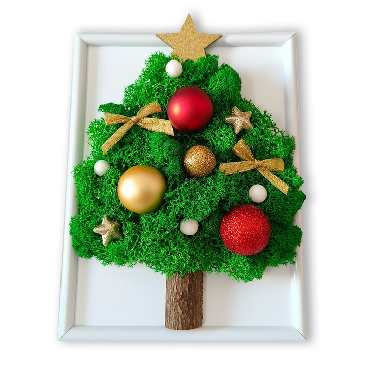 Tablou 3D Craciun, Sarbatori, Brad din Licheni impodobit cu Globuri, Stelute, Fundite, rama alba 20x15cm, Rosu, Auriu