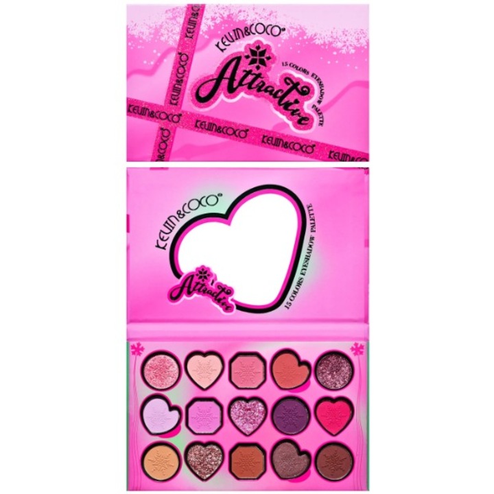 Палитра гримове, KEVIN & COCO, Atractive, сенки за очи, 15 цвята, модел A, 16,5x10,8x1,5 см, многоцветни